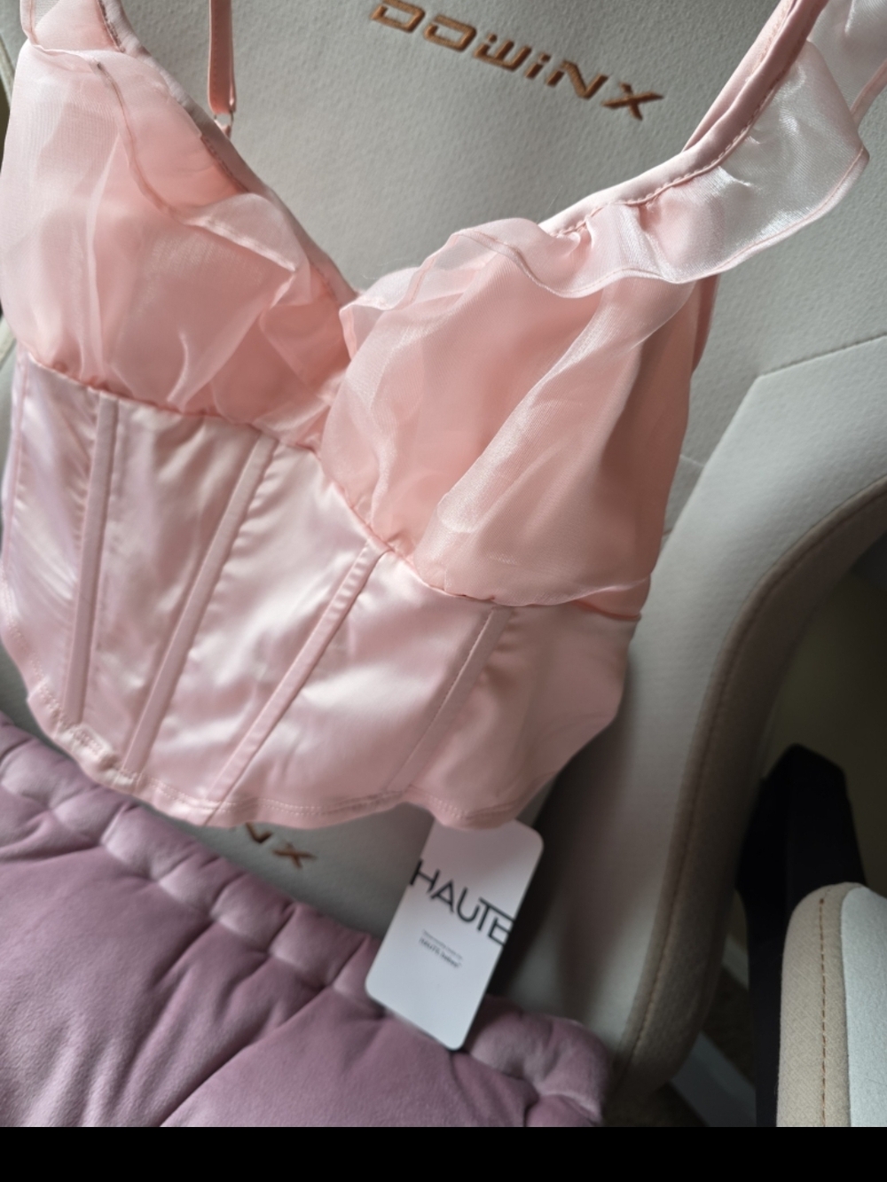 SHEIN Light Pink Satin & Sheer Ruffle Bustier - Picture 2 of 7